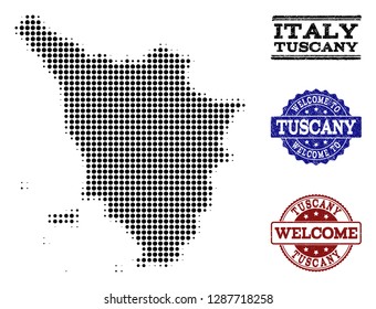 Welcome combination of halftone map of Tuscany region and textured seals. Halftone map of Tuscany region constructed with black round points.