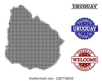Welcome combination of halftone map of Uruguay and rubber seals. Halftone map of Uruguay designed with black spheric dots. Vector greeting seals with scratched rubber texture in blue and red colors.