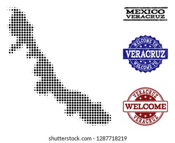 Welcome combination of halftone map of Veracruz State and rubber seal stamps. Halftone map of Veracruz State constructed with black round items.