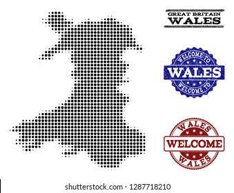 Welcome combination of halftone map of Wales and unclean seal stamps. Halftone map of Wales constructed with black round pixels.