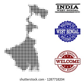 Welcome combination of halftone map of West Bengal State and rubber seal stamps. Halftone map of West Bengal State designed with black round pixels.