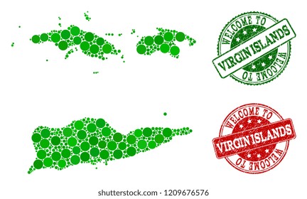 Welcome combination of map of American Virgin Islands and rubber seal stamps. Vector greeting watermarks with distress rubber texture in green and red colors.