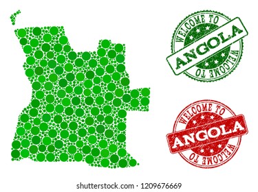 Welcome combination of map of Angola and textured seals. Vector greeting seals with unclean rubber texture in green and red colors. Welcome flat design for guest appreciation templates.