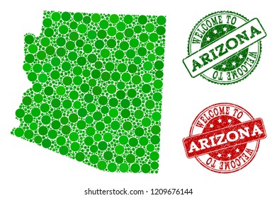 Welcome combination of map of Arizona State and rubber stamps. Vector greeting seals with unclean rubber texture in green and red colors. Greeting flat design for patriotic illustrations.
