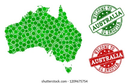 Welcome combination of map of Australia and rubber seals. Vector greeting watermarks with grunge rubber texture in green and red colors. Welcome flat design for patriotic templates.
