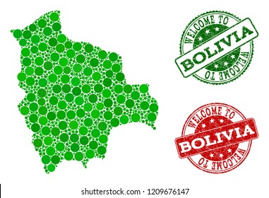 Welcome combination of map of Bolivia and rubber seals. Vector greeting seals with retro rubber texture in green and red colors. Greeting flat design for guest appreciation templates.