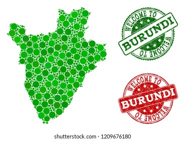 Welcome combination of map of Burundi and grunge seals. Vector greeting watermarks with grunge rubber texture in green and red colors. Welcome flat design for political illustrations.