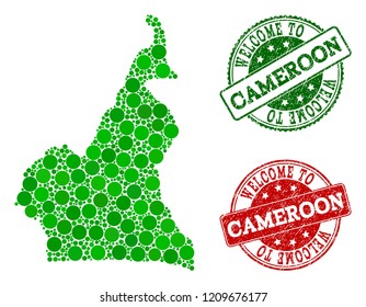 Welcome combination of map of Cameroon and rubber seals. Vector greeting seals with unclean rubber texture in green and red colors. Welcome flat design for political illustrations.