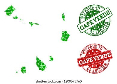 Welcome combination of map of Cape Verde Islands and rubber stamps. Vector greeting seals with distress rubber texture in green and red colors. Greeting flat design for guest appreciation posters.