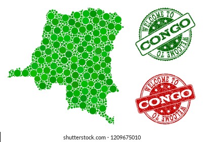 Welcome combination of map of Democratic Republic of the Congo and rubber seals. Vector greeting seals with unclean rubber texture in green and red colors.