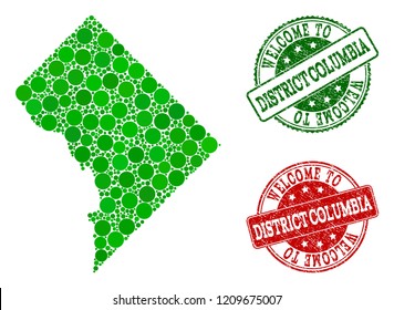 Welcome combination of map of District Columbia and grunge seal stamps. Vector greeting watermarks with grunge rubber texture in green and red colors. Welcome flat design for political purposes.