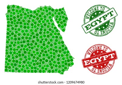 Welcome combination of map of Egypt and rubber seals. Vector greeting seals with unclean rubber texture in green and red colors. Welcome flat design for tourist greetings templates.