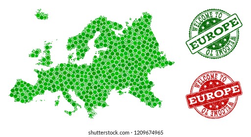 Welcome combination of map of Europe and rubber seal stamps. Vector greeting watermarks with scratched rubber texture in green and red colors. Welcome flat design for guest appreciation purposes.