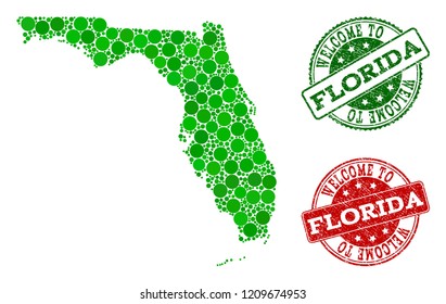 Welcome combination of map of Florida State and rubber seals. Vector greeting seals with retro rubber texture in green and red colors. Welcome flat design for patriotic illustrations.