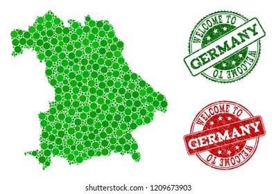 Welcome combination of map of Germany and rubber stamps. Vector greeting seals with retro rubber texture in green and red colors. Greeting flat design for guest appreciation illustrations.