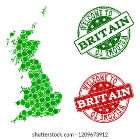Welcome combination of map of Great Britain and scratched seals. Vector greeting seals with scratched rubber texture in green and red colors. Greeting flat design for guest appreciation purposes.