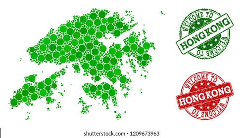 Welcome combination of map of Hong Kong and scratched seals. Vector greeting seals with scratched rubber texture in green and red colors. Welcome flat design for patriotic posters.