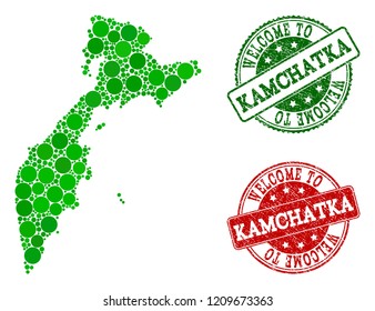 Welcome combination of map of Kamchatka Peninsula and rubber seals. Vector greeting watermarks with corroded rubber texture in green and red colors. Welcome flat design for patriotic illustrations.