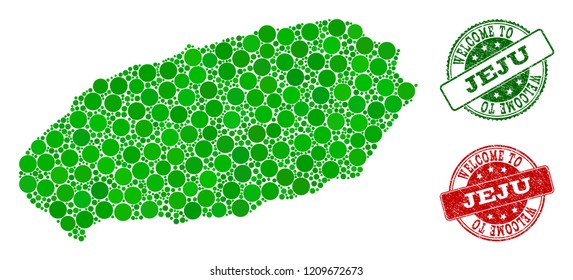 Welcome combination of map of Korean Jeju Island and rubber stamps. Vector greeting watermarks with grunge rubber texture in green and red colors. Greeting flat design for tourist greetings posters.