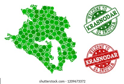 Welcome combination of map of Krasnodar Krai and rubber seal stamps. Vector greeting watermarks with grunge rubber texture in green and red colors.