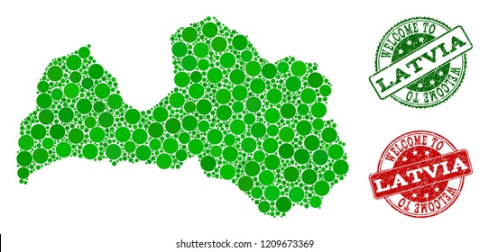Welcome combination of map of Latvia and unclean seal stamps. Vector greeting seals with unclean rubber texture in green and red colors. Welcome flat design for tourist greetings posters.