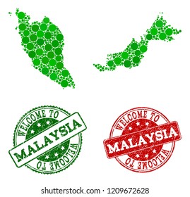 Welcome combination of map of Malaysia and scratched seal stamps. Vector greeting seals with scratched rubber texture in green and red colors. Greeting flat design for patriotic templates.