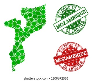 Welcome combination of map of Mozambique and unclean seals. Vector greeting seals with unclean rubber texture in green and red colors. Greeting flat design for guest appreciation illustrations.