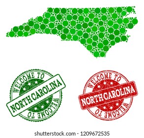 Welcome combination of map of North Carolina State and rubber seals. Vector greeting imprints with unclean rubber texture in green and red colors. Greeting flat design for guest appreciation posters.