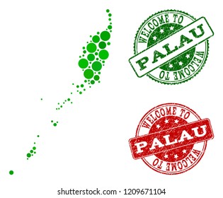 Welcome combination of map of Palau Islands and unclean seals. Vector greeting seals with unclean rubber texture in green and red colors. Greeting flat design for guest appreciation templates.