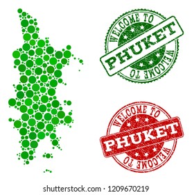 Welcome combination of map of Phuket and dirty seals. Vector greeting seals with scratched rubber texture in green and red colors. Welcome flat design for political purposes.