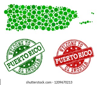 Welcome combination of map of Puerto Rico and rubber stamps. Vector greeting watermarks with grunge rubber texture in green and red colors. Greeting flat design for guest appreciation purposes.