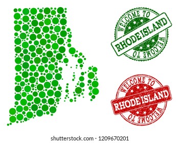 Welcome combination of map of Rhode Island State and rubber stamps. Vector greeting seals with scratched rubber texture in green and red colors. Welcome flat design for political purposes.