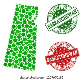 Welcome combination of map of Saskatchewan Province and unclean seal stamps. Vector greeting watermarks with unclean rubber texture in green and red colors.