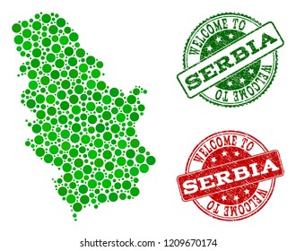Welcome combination of map of Serbia and rubber seal stamps. Vector greeting seals with corroded rubber texture in green and red colors. Welcome flat design for tourist greetings posters.