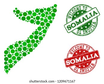Welcome combination of map of Somalia and grunge seals. Vector greeting imprints with grunge rubber texture in green and red colors. Greeting flat design for political purposes.