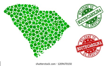 Welcome combination of map of South Carolina State and rubber stamps. Vector greeting watermarks with grunge rubber texture in green and red colors.