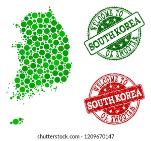 Welcome combination of map of South Korea and rubber stamps. Vector greeting imprints with unclean rubber texture in green and red colors. Greeting flat design for patriotic purposes.