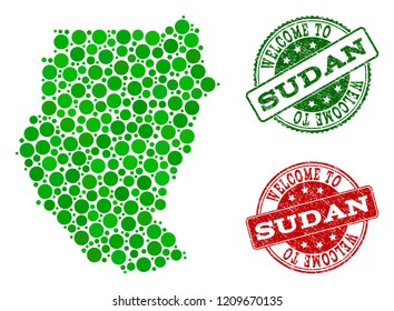 Welcome combination of map of Sudan and rubber seals. Vector greeting imprints with grunge rubber texture in green and red colors. Greeting flat design for tourist greetings purposes.