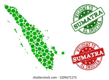 Welcome combination of map of Sumatra Island and rubber stamps. Vector greeting seals with scratched rubber texture in green and red colors. Greeting flat design for political templates.