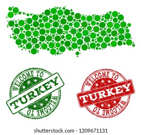 Welcome combination of map of Turkey and textured seals. Vector greeting seals with distress rubber texture in green and red colors. Welcome flat design for political posters.