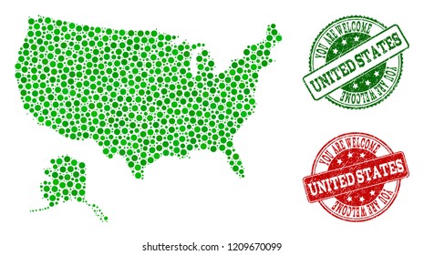 Welcome combination of map of USA and Alaska and grunge seals. Vector greeting seals with unclean rubber texture in green and red colors. Welcome flat design for guest appreciation illustrations.