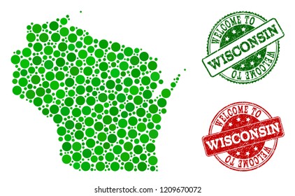 Welcome combination of map of Wisconsin State and rubber seals. Vector greeting seals with scratched rubber texture in green and red colors. Greeting flat design for tourist greetings illustrations.