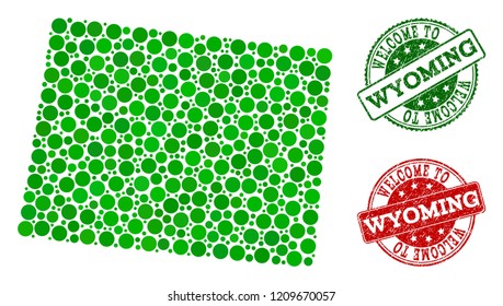 Welcome combination of map of Wyoming State and unclean seals. Vector greeting seals with retro rubber texture in green and red colors. Greeting flat design for political purposes.