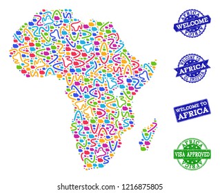 Welcome combination of mosaic map of Africa and grunge stamps. Vector greeting watermarks with grunge rubber texture. Welcome flat design for patriotic illustrations.
