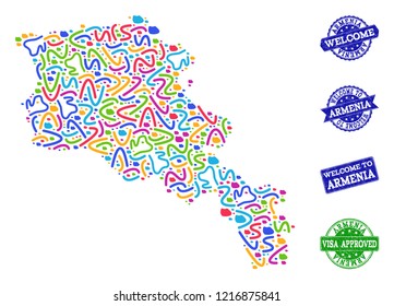 Welcome combination of mosaic map of Armenia and rubber seal stamps. Vector greeting watermarks with scratched rubber texture. Welcome flat design for guest appreciation illustrations.