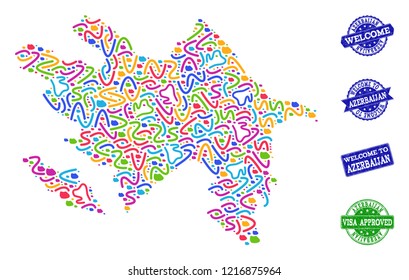 Welcome combination of mosaic map of Azerbaijan and corroded seal stamps. Vector greeting imprints with corroded rubber texture. Welcome flat design for guest appreciation illustrations.