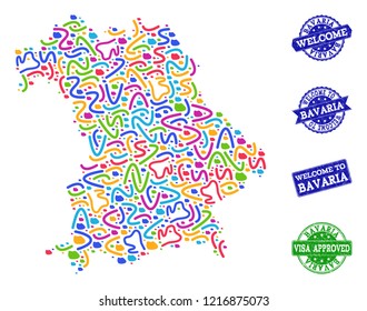 Welcome combination of mosaic map of Bavaria State and rubber seals. Vector greeting seals with distress rubber texture. Welcome flat design for guest appreciation posters.