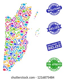 Welcome combination of mosaic map of Belize and rubber seals. Vector greeting seals with corroded rubber texture. Welcome flat design for political illustrations.