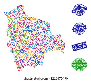 Welcome combination of mosaic map of Bolivia and rubber seal stamps. Vector greeting watermarks with grunge rubber texture. Welcome flat design for patriotic posters.