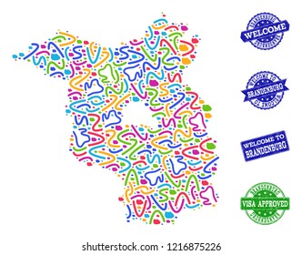 Welcome combination of mosaic map of Brandenburg State and rubber seals. Vector greeting seals with unclean rubber texture. Welcome flat design for guest appreciation illustrations.